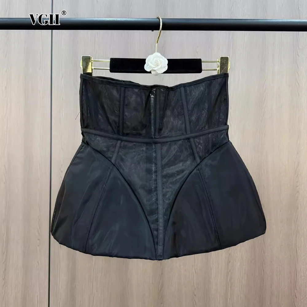 VGH Solid Spliced Zipper Slimming Chic Skirts for Women High Waist Sheer Mesh Sexy Temperament Short Skirts Female Fashion Style