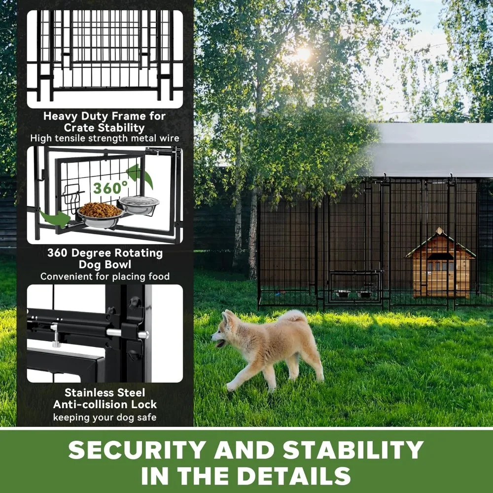 Dog Kennel Outside for Large Dog Pen Outdoor with Roof Dogs Run Enclosure with 2 Rotating Dogs Bowls Heavy Duty Dog House