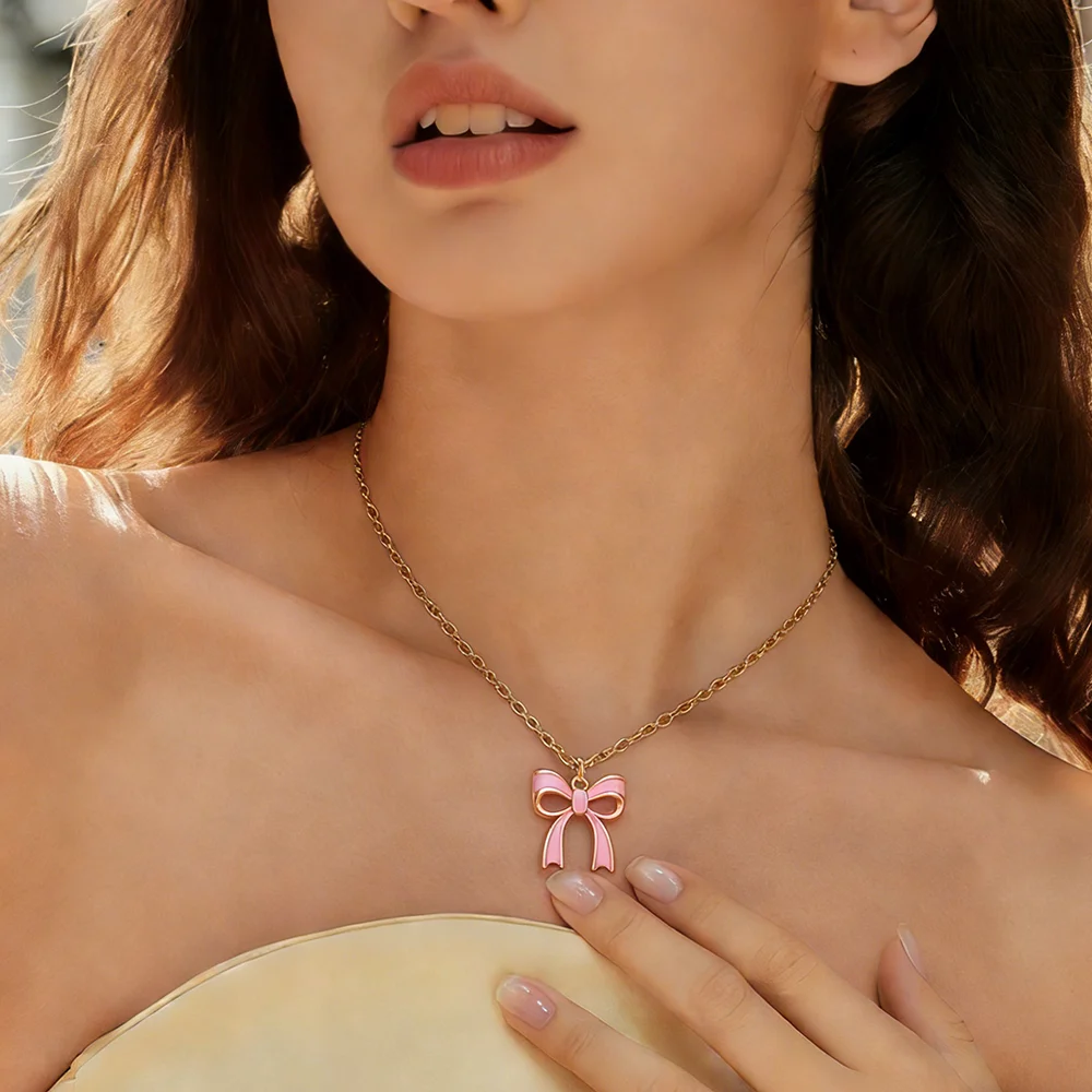 Pink Bowknot Enamel Pendant Necklace Golden Color Chain Fashion Jewelry for Women Girls Sweet Daily Wear Necklace Sweater Chain
