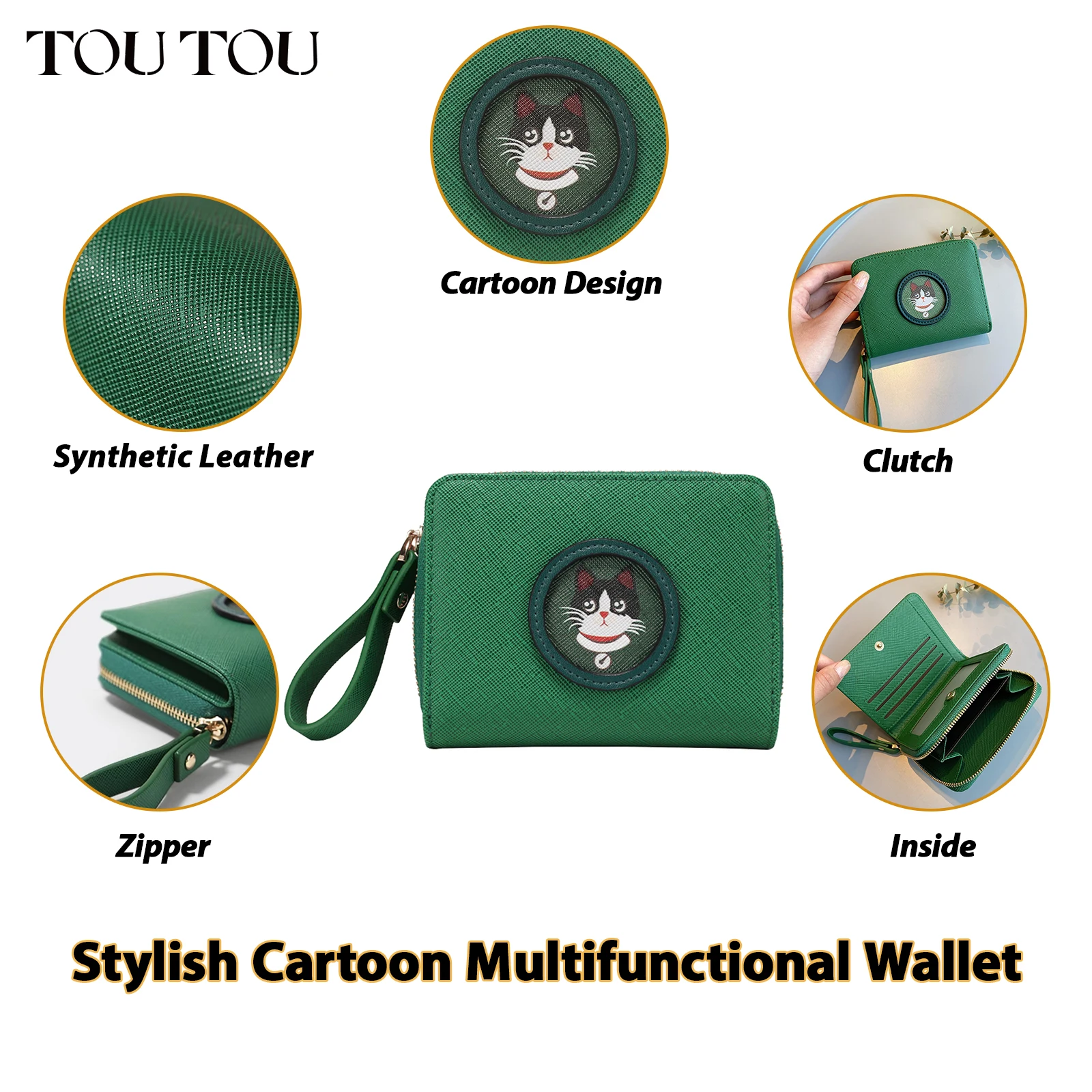 TOUTOU Women Purse Clutch Cute Cat Pattern Card Holder Passport Credit Card Leather Portable Zipper Multi-color Wallet Female