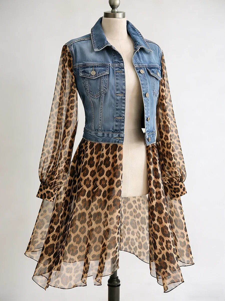 Turndown Collar See-Through Long Sleeve Slim Fit Top Elegant Single-breasted Jackets Vintage Chiffon Leopard Women Denim Coat