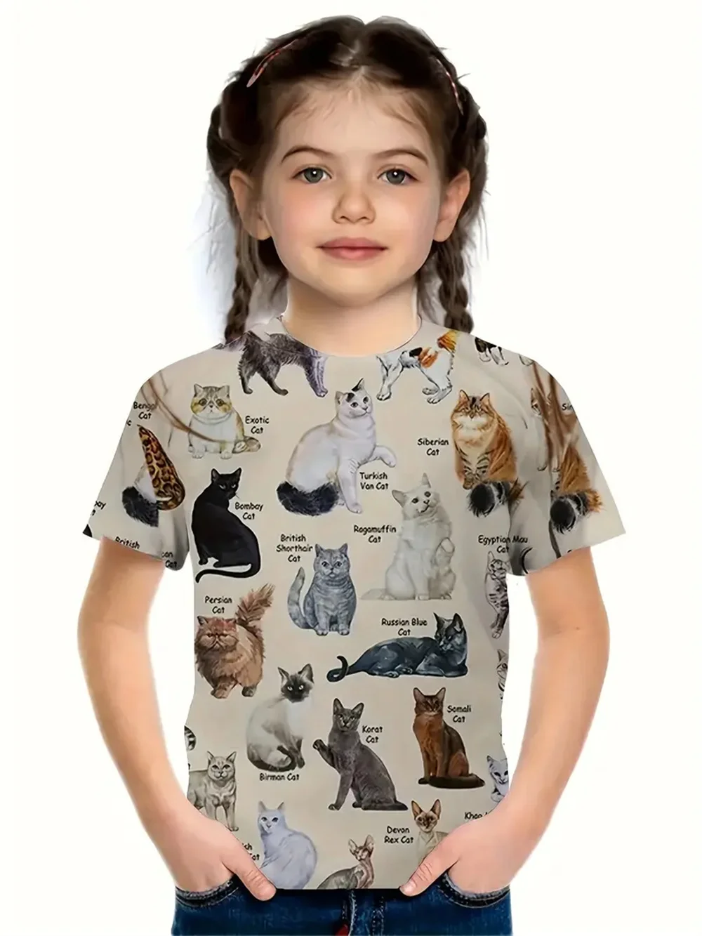 Ropa para niñas con estampado 3d de gatos y animales de dibujos animados, camisetas informales de moda, camisetas divertidas para niñas, Top de manga corta de verano 2025