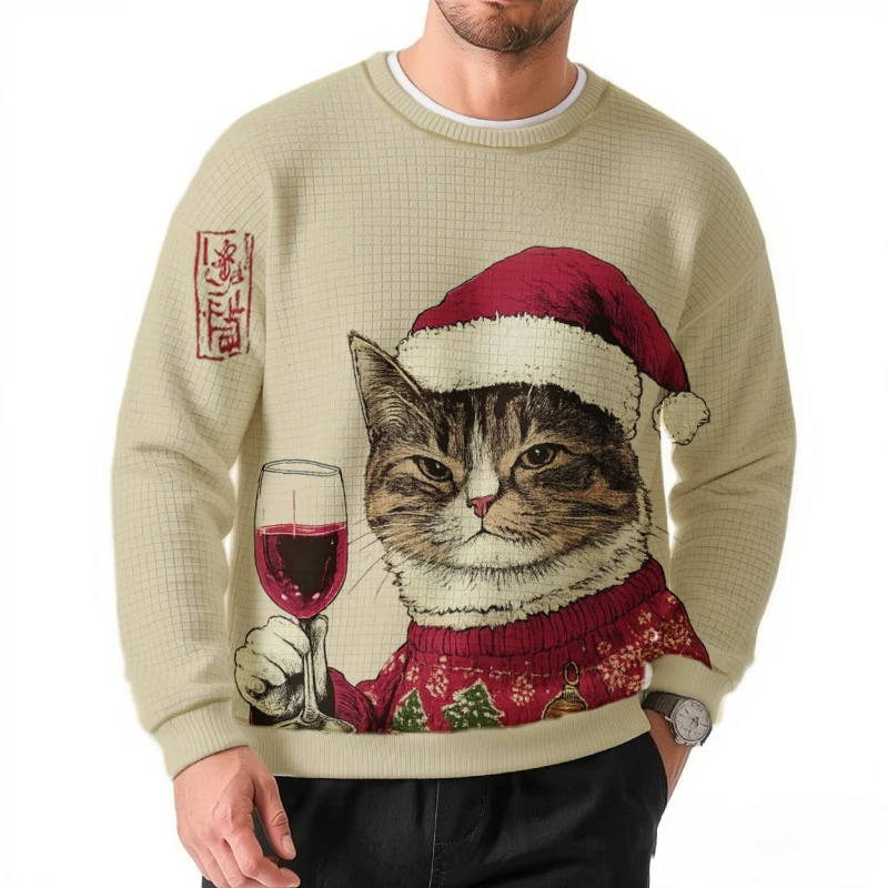 Men Vintage Santa Cat Graphic Crew Neck Sweatshirt Fashhion Long Sleeve Oversized Texture Fabric Pullovers 2026