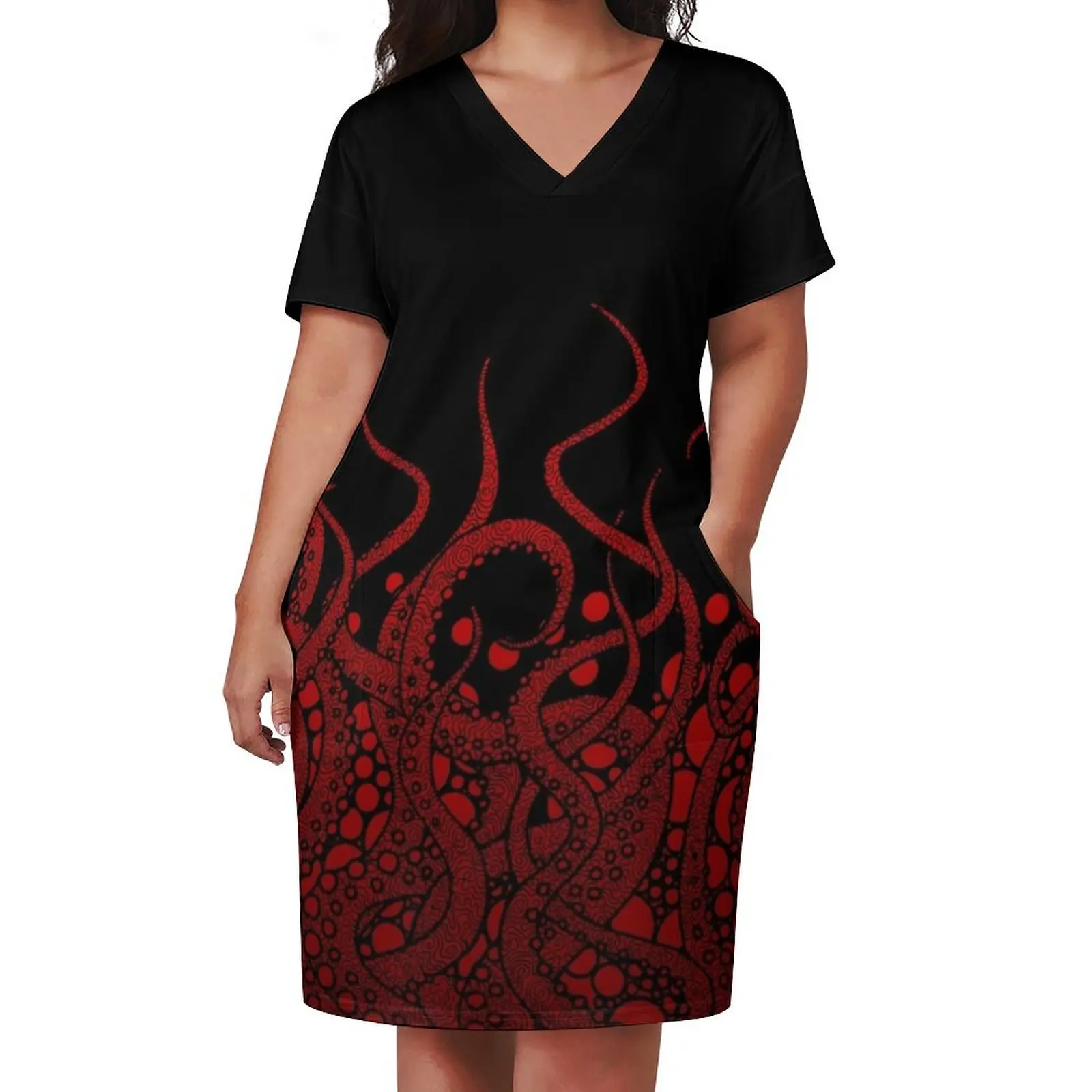 red tentacles on black Loose Pocket Dress Woman dresses Long veiled dresses