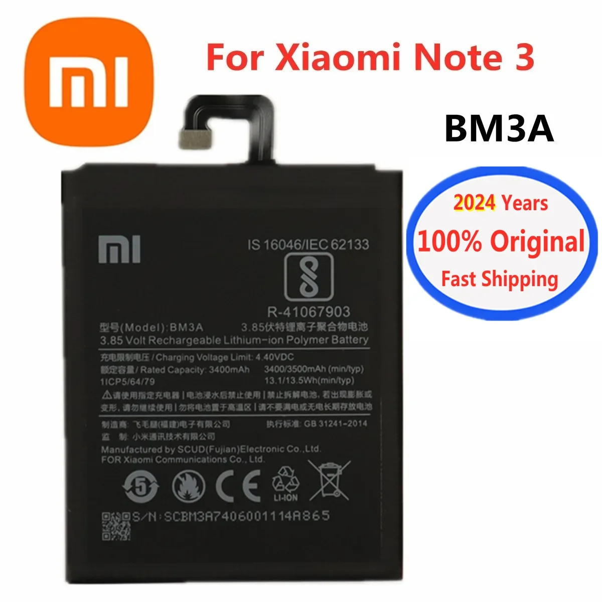 

2024 Years High Quality Xiao Mi Original Phone Battery BM3A For Xiaomi Note 3 Note3 3300mAh Bateria Battery Batteries In Stock