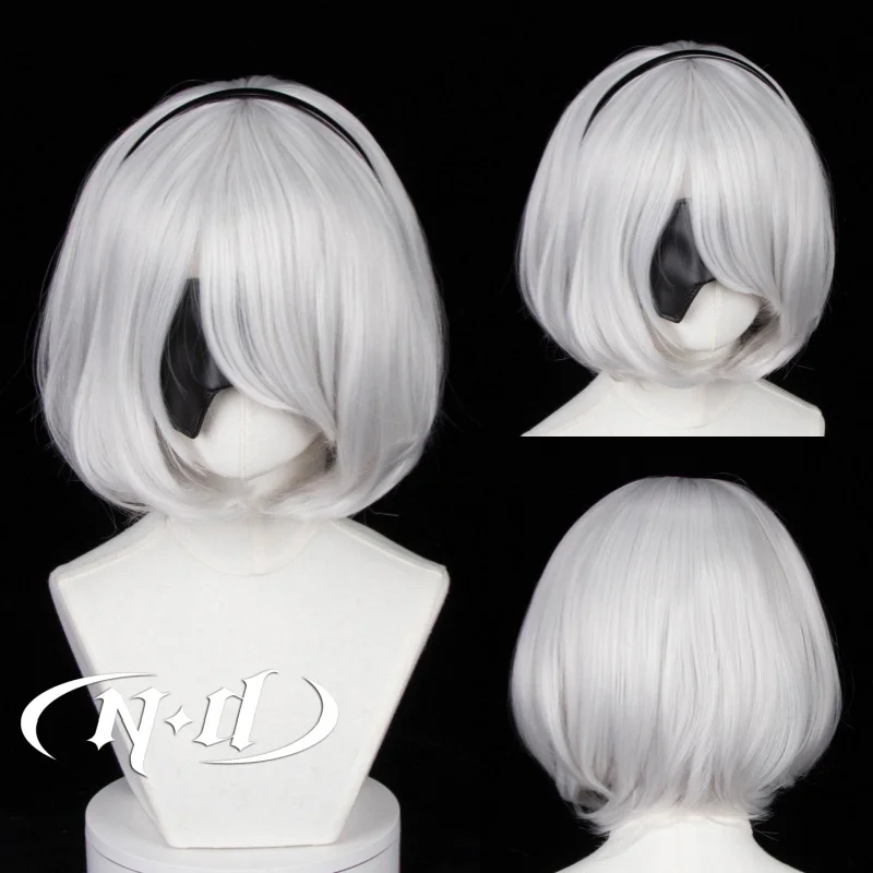 UND YoRHa Nr. 2Typ B Cosplay Perücken NieR Automata 2B Cosplay Gelblich-weiße kurze Bob-Schnitt-Haarperücken für Comic Con Coser Party