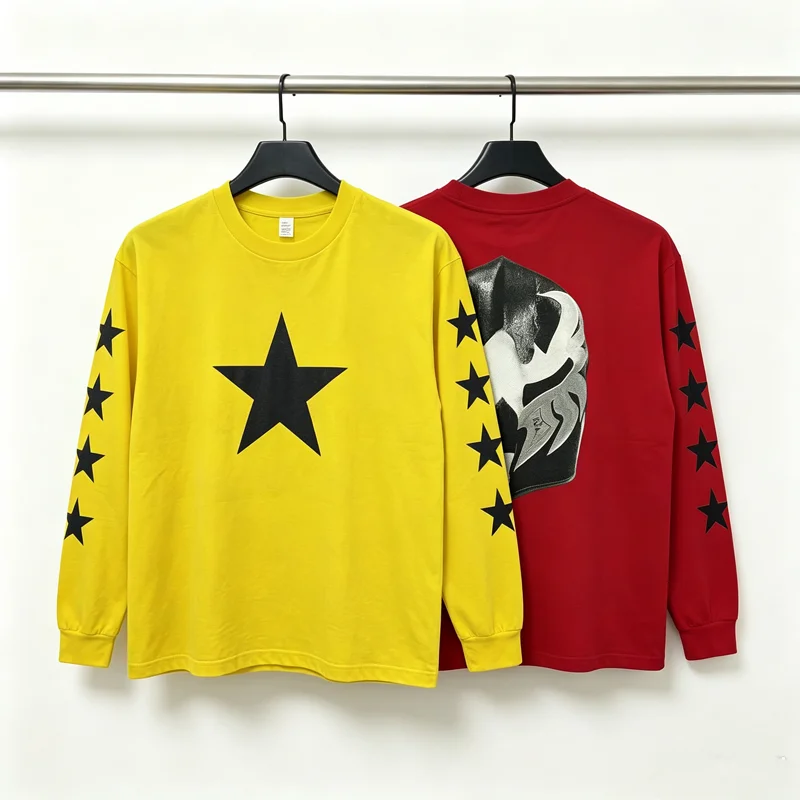 Chest Pentagram Print Vultures Long Sleeve T-shirt Men Woman  High Quality Black White Red Yellow Back Face Mask Print T Shirt