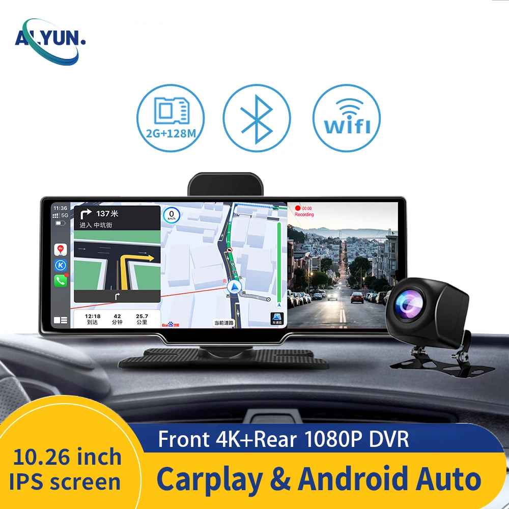 

10.26inch Portable IPS High Brightness Touch Screen Carplay&Android Auto WiFi Bluetooth Hands-Free Phone Rear view Camera