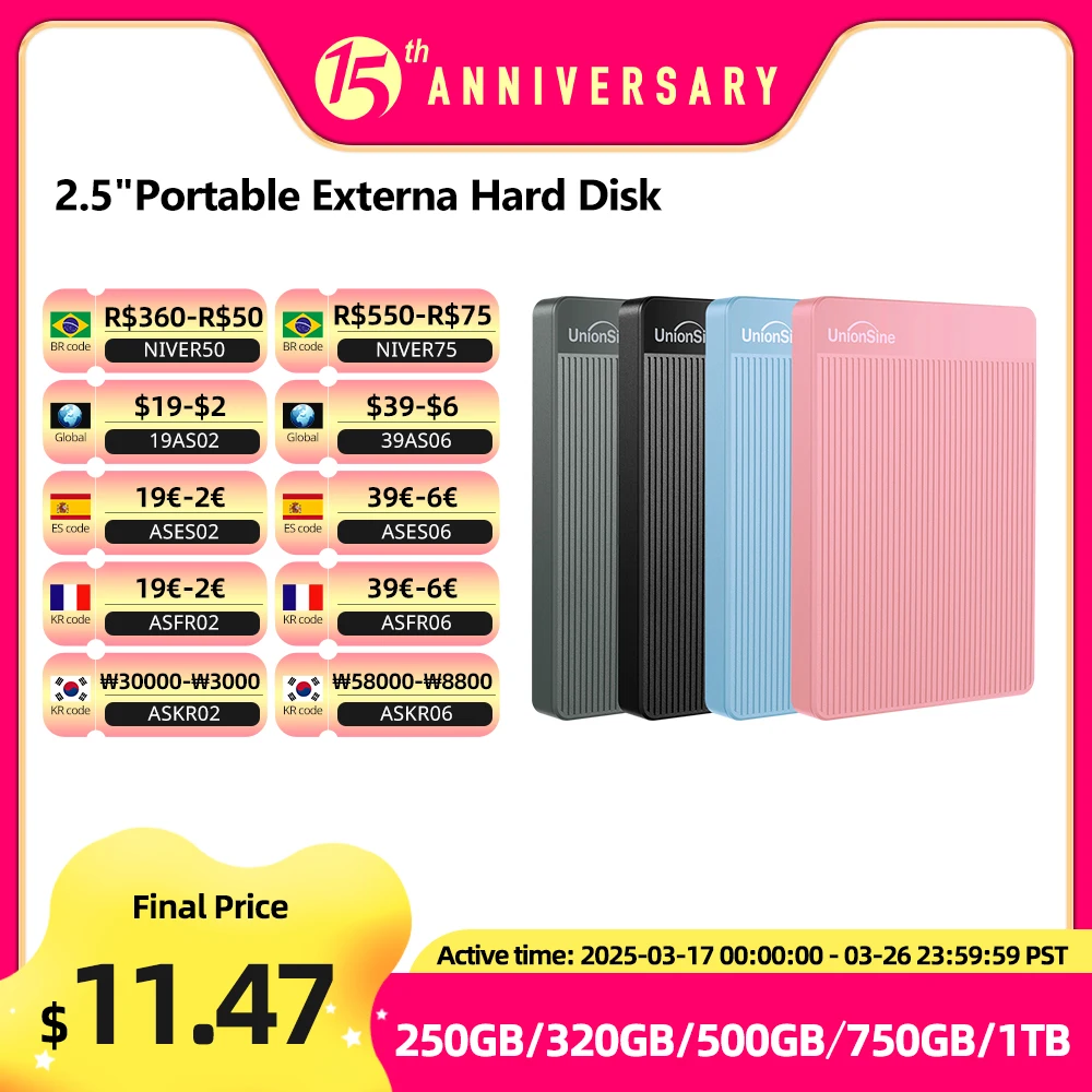 UnionSine Hard Drive eksternal portabel, Hard Drive eksternal portabel 2.5 "HDD, 2tb/1tb/500gb/750gb, Penyimpanan USB 3.0 untuk PC/Mac/Desktop/MacBook/TV