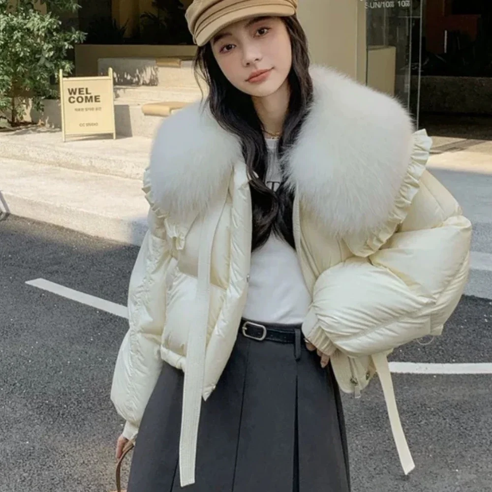 White Duck Down Coat 2024 Fashion Casual New Winter Real Fox Fur Collar Women Short Loose Warm Down Coat Female Office Lady