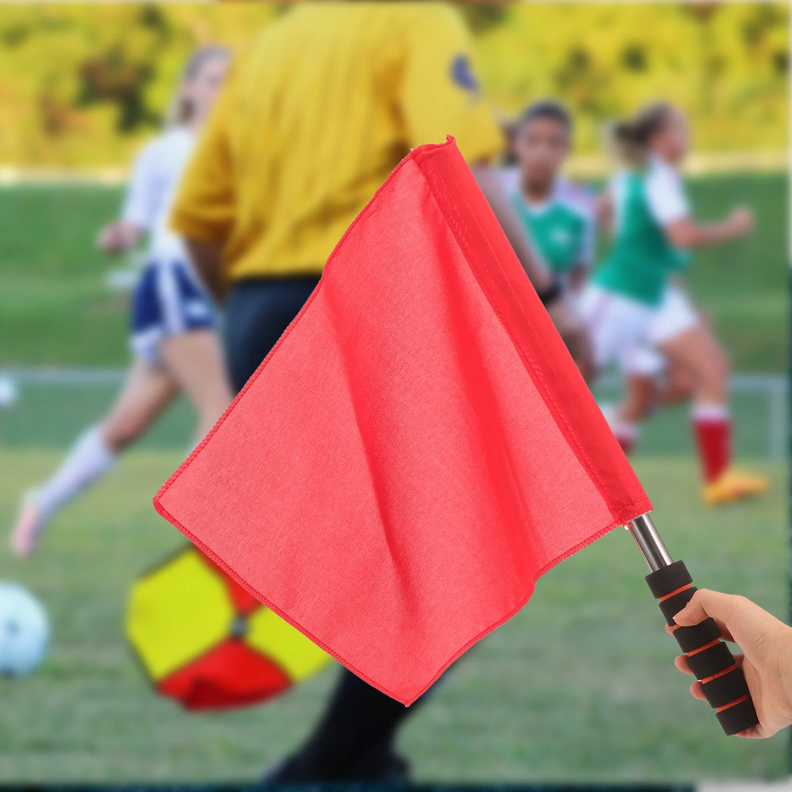 2 Buah Bendera Sinyal Tangan Ringan Wasit untuk Latihan Sepak Bola Rugby Bendera Olahraga Pengadilan Pertandingan Portabel