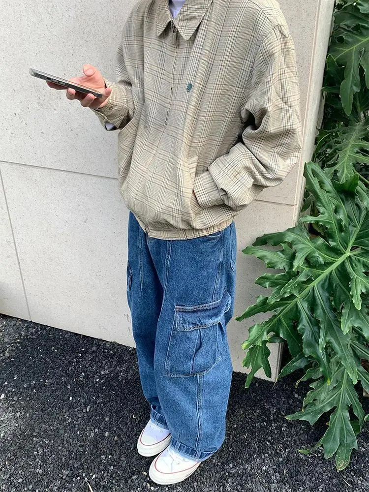 Multi-pocket Design Men's Blue Jeans New Autumn Trousers Skateboard Boy Bottom Straight Wide Leg Male High Waist Denim Pants