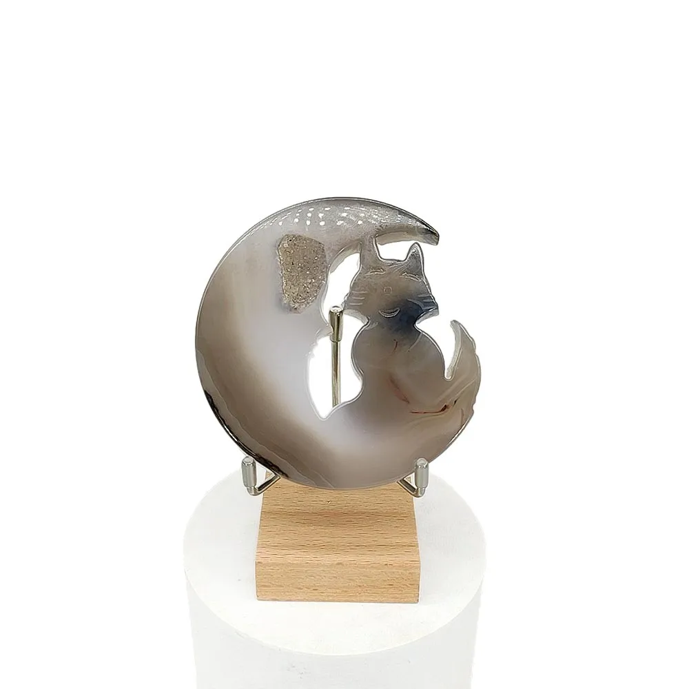 Natural Agate Moon Cat Carving, Crystal Geode Moon Kitty Figurine, Hand Carved Healing Stone, Witchy Home Decor Gift