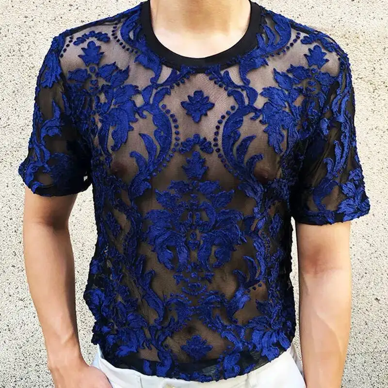 Sexy T-Shirt Met Ronde Hals Zacht Fluwelen Slanke Herenkleding Nachtclub Met Korte Mouwen, Transparant Bloemenshirt Van Topkwaliteit Doorschijnend