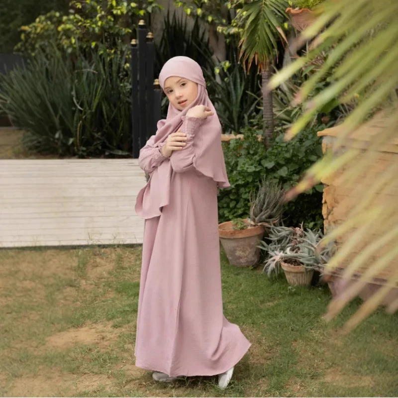 2024 New Abayas for Women Crew Neck Ruffle Robe Femme Musulman Solid Color Women's Dress