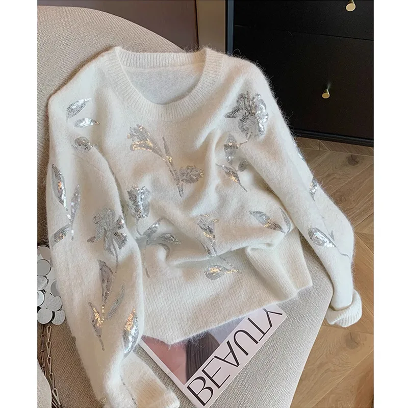 

Floral Sequined Knitted Sweater Women Pullover New Autumn Korean Casual O-neck Long Sleeve Versatile Knitwear Tops Jumper