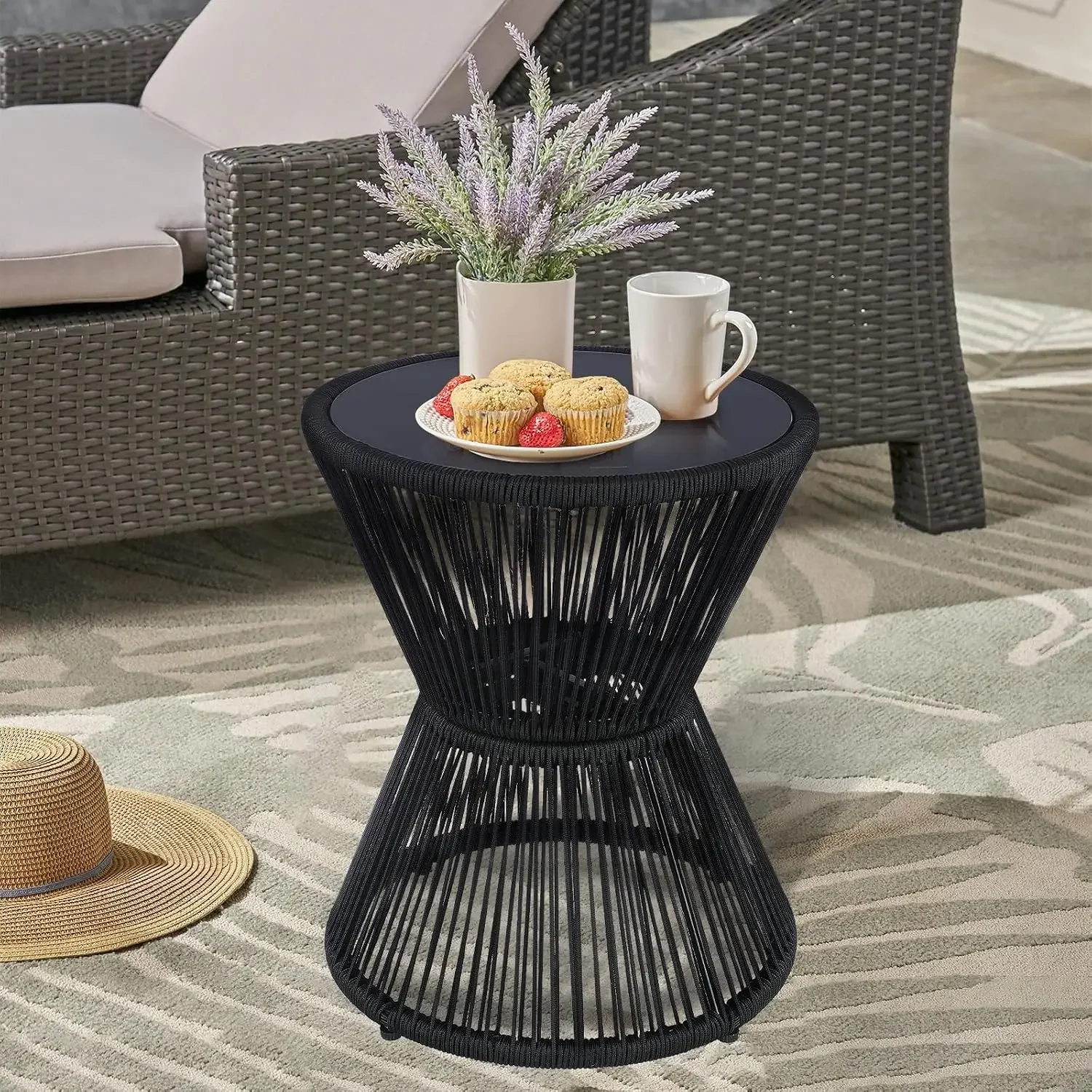 Small Outdoor Side Table Patio 20'' H Woven Rope Hourglass End Table with Glass Top Round Coffee Table for Living Room Outdoor