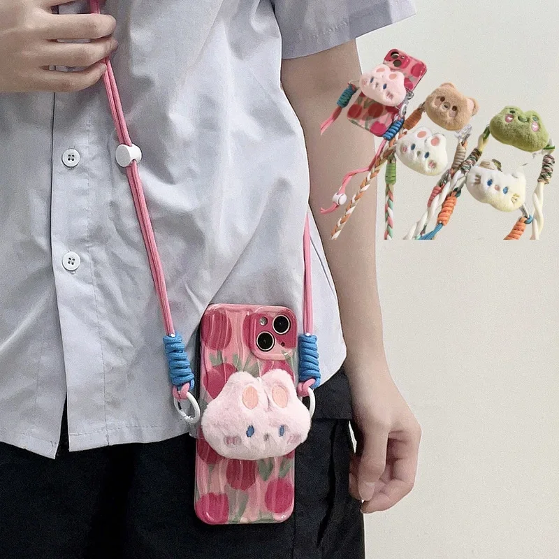 1 Piece Long Crossbody Style Phone Lanyard Kawaii Cartoon Doll Animal Phone Clip Straps Lovely Rabbit Cat Lanyard for Girls