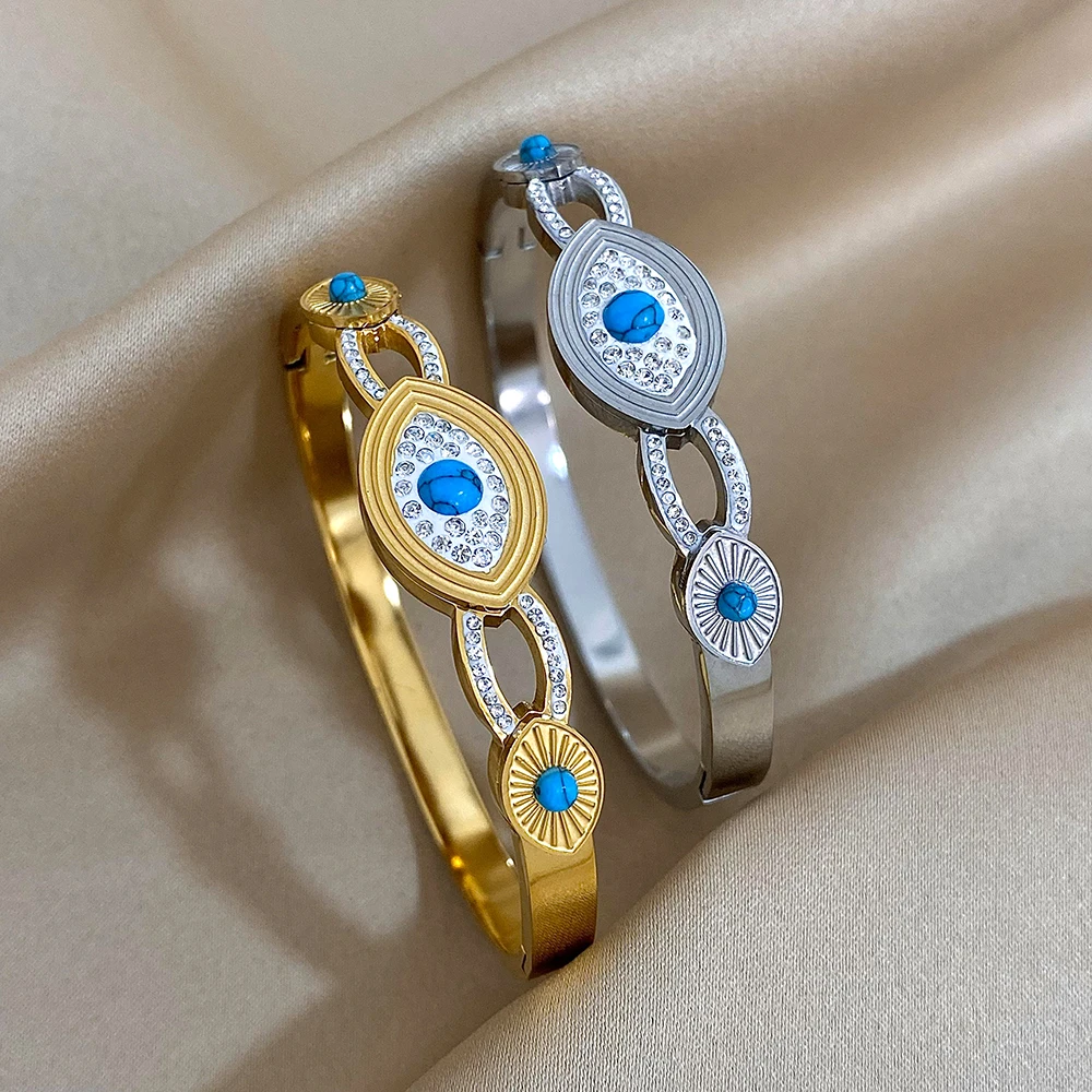 Grreatera Turkish Evil Eye Stainless Steel Bangles Bracelets for Women Gold Plated Natural Stone Charm Waterproof Jewelry