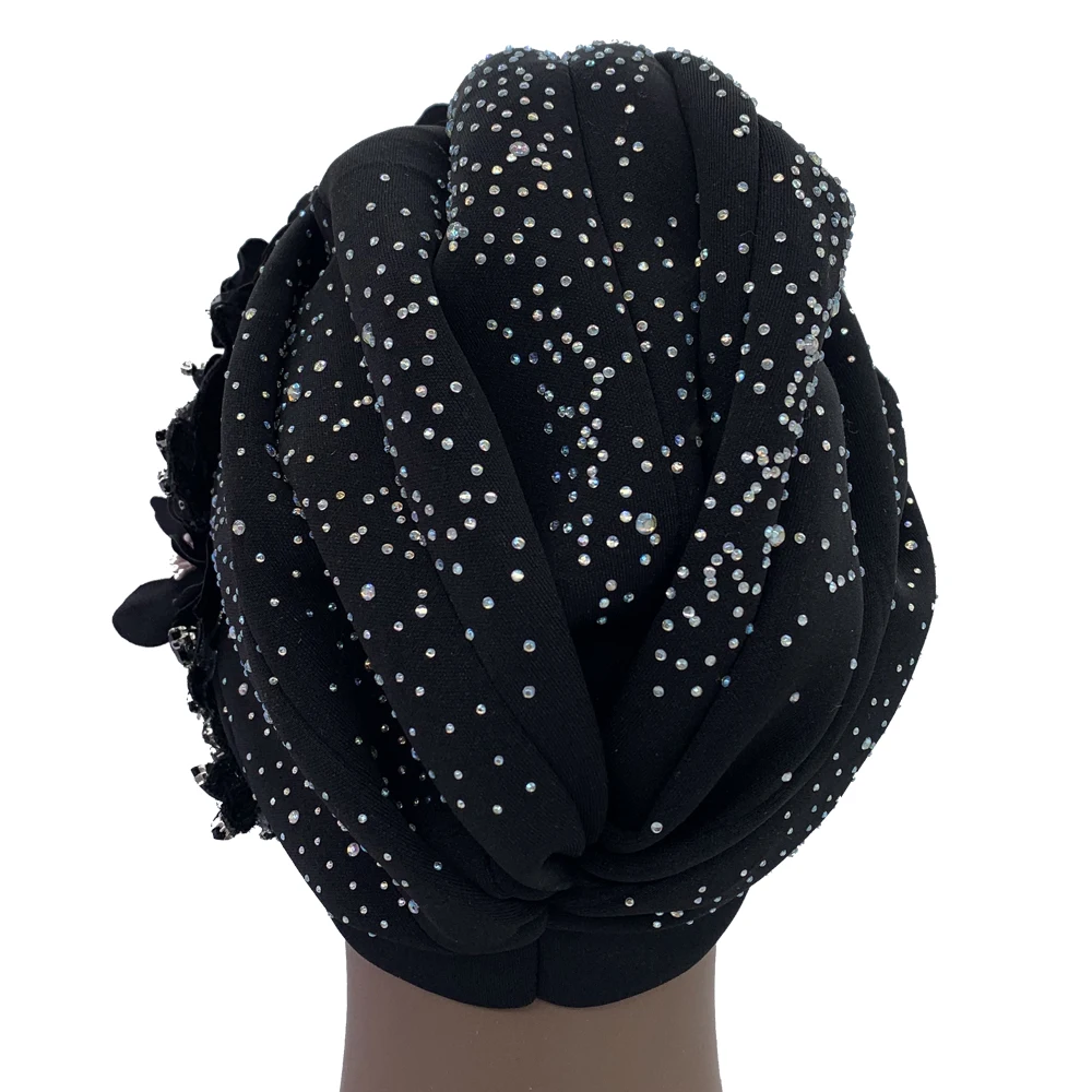 Elegant African Turban Cap with Shiny Rhinestone Ready to Wear Nigeria Auto Gele Headtie Party Women\'s Head Wrap Bonnet Turbante