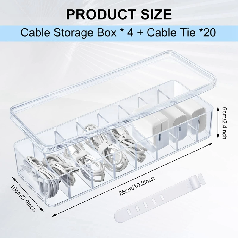 New 2Pcs Cable Storage Box With Wire Ties, Clear Cord Storage Box , Organizer For Home Office Desk Organizers