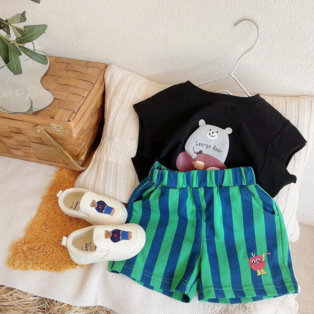2pcs Newest Summer 2026 Trend Korean Style Toddler Boys Girls Shorts Elastic Band Short Pants Bottoms Stripes Kids Casual Shorts