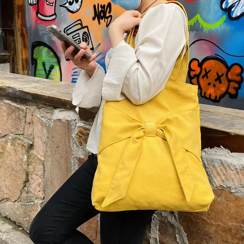 Aesthetic Bow Canvas Tote Shoulder Bag Female Students Large Capacity Fashion Casual Travel Shopping Purses Handbags for Women