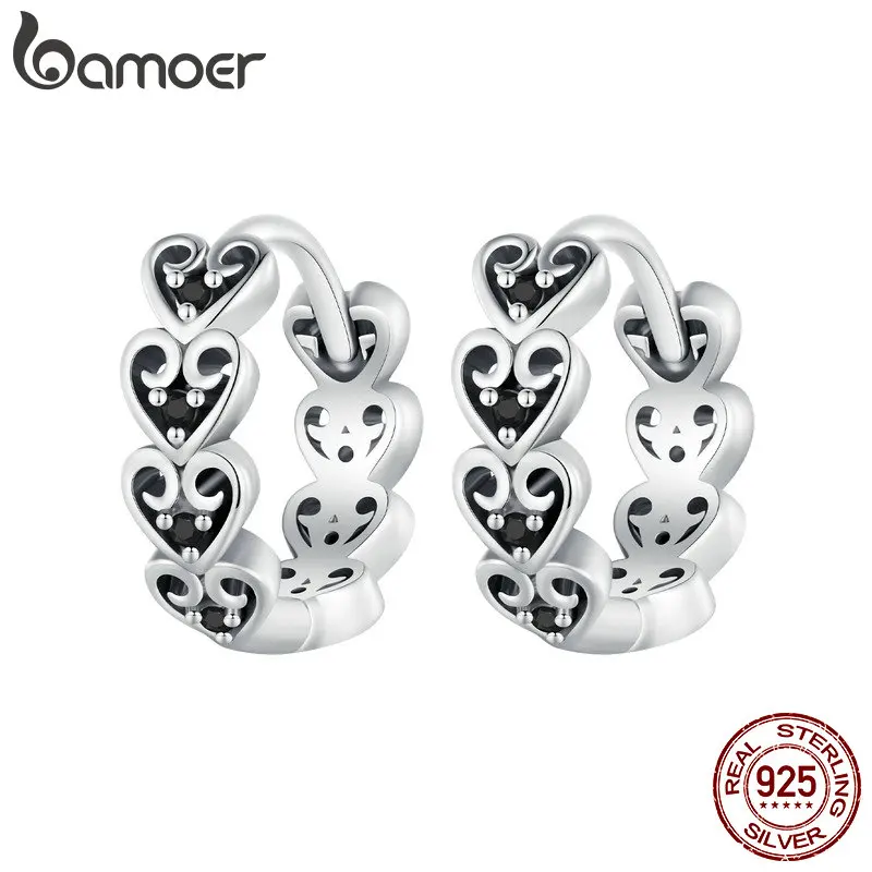 Bamoer 925 Sterling Silver Lovely Heart-Shaped Ear Clips Inlaid  With Black Pavé Setting CZ for Women Fine Jewelry 1 Piece