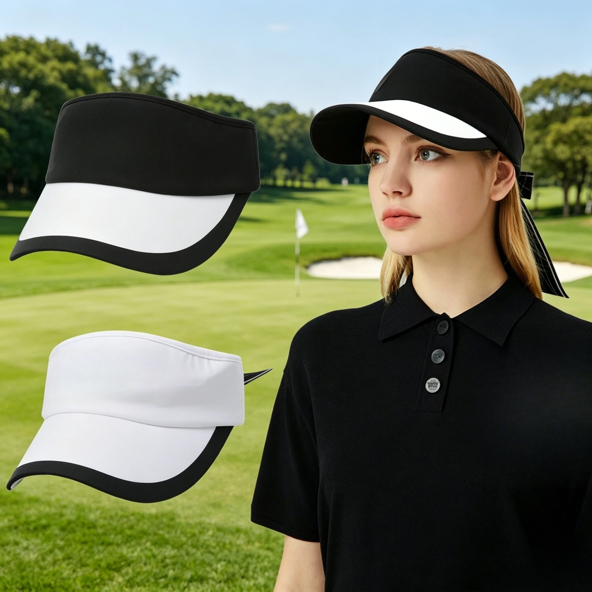2026-women-golf-visor-hat-wide-brim-sun-shade-color-block-breathable-topless-cap-with-ribbon-bow-elegant-sports-tennis-hat