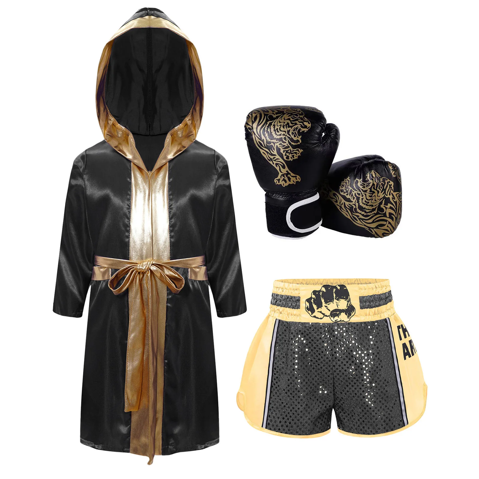 Boys Girls Halloween Carnival Boxer Dress Up Costume Boxing Robe Outfit Long Sleeve Satin Pugilism Hooded Cloak with Belt Shorts