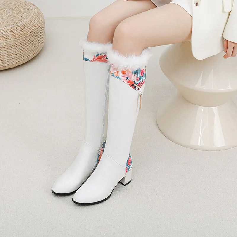 2024 Winter Knee High Boots for Women Printing Patchwork High Heels Women Shoes Big Size 43 Plush Warm Botas de Mujer WSH4935