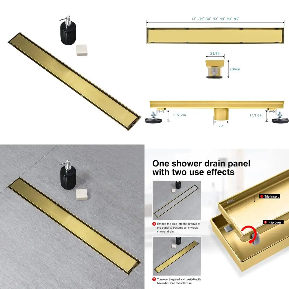 

28-Inch Gold Shower Drain with Tile Insert, Hair Strainer, and Adjustable Feet