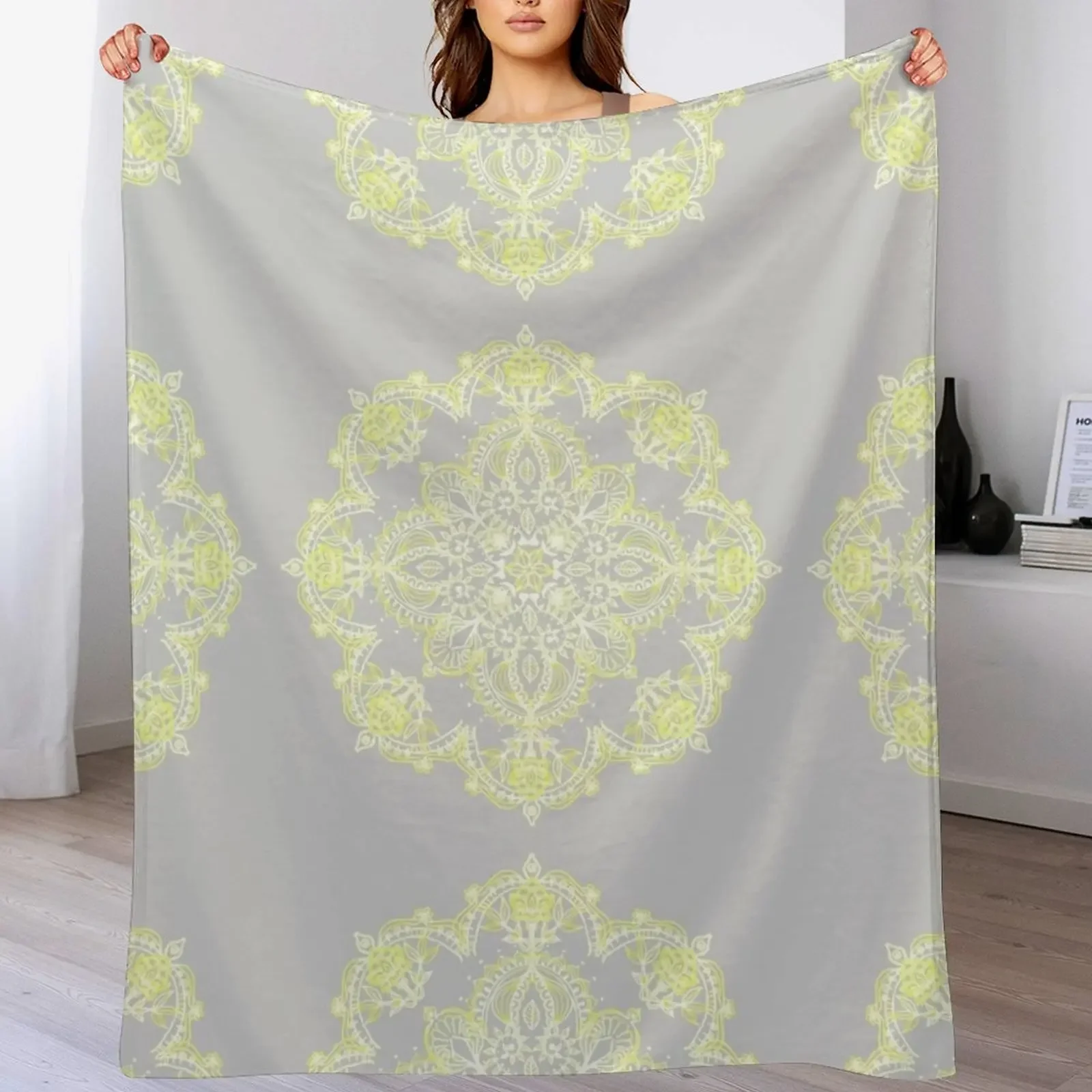 Pale Lemon Yellow Lace Mandala on Grey Throw Blanket Flannels halloween warm winter Picnic Blankets