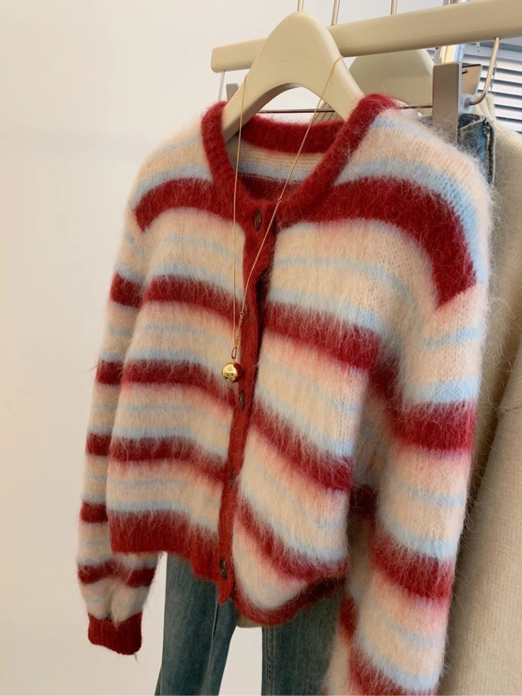 Autumn Winter New Sweet Red Striped Mohair Knitting Cardigan For Women Fashion Round Collar Single Breasted Sweater Coats