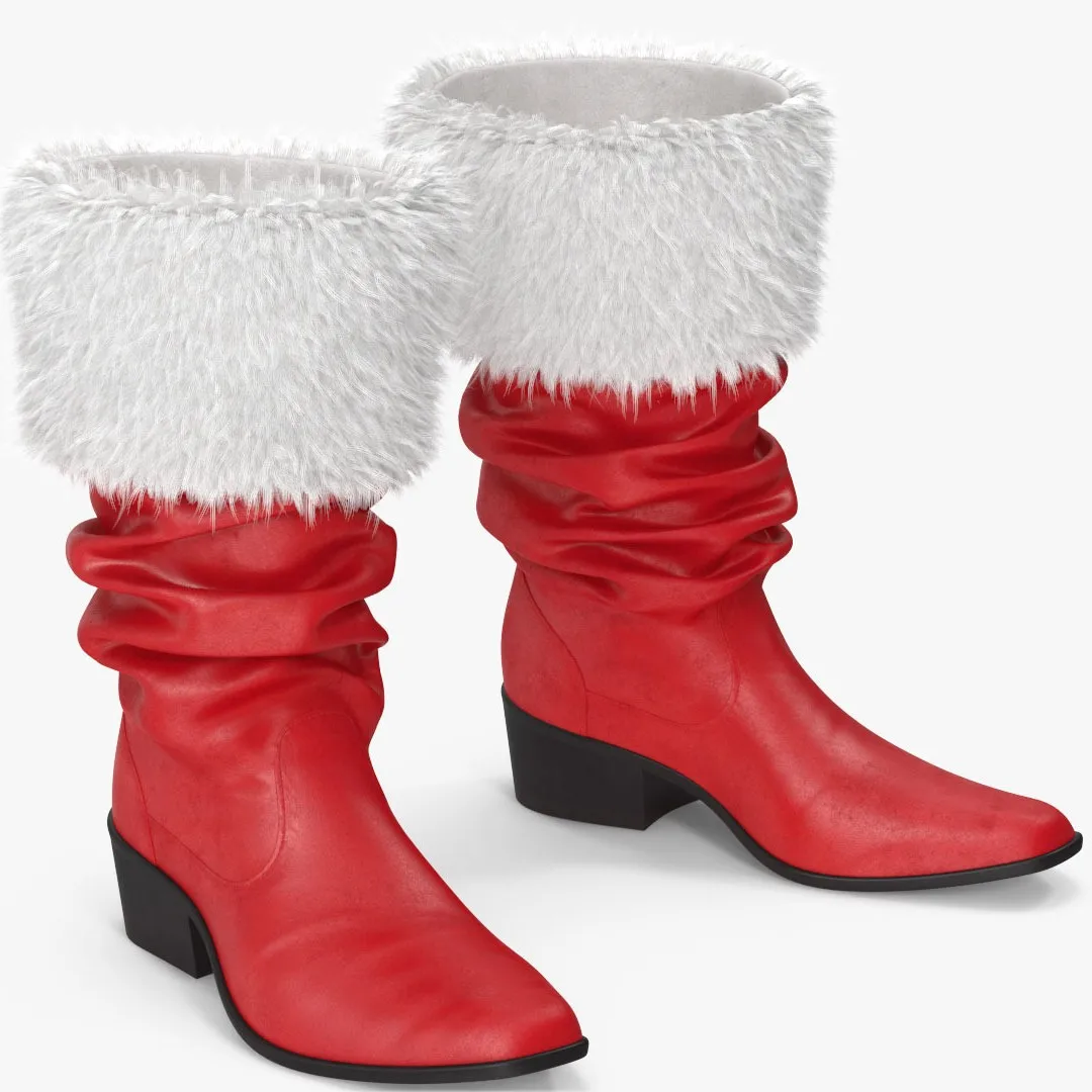 Santa Claus Boots Cosplay Black Leather Shoes White Furry Shoe Mouth Suitable For Men And Women Halloween And Christmas Shoes