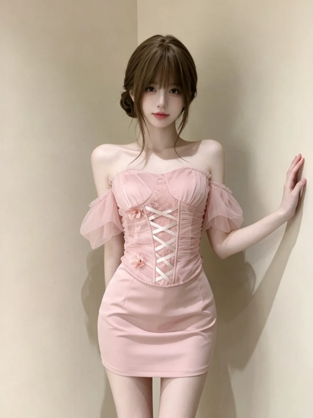 

Unique Shoulder Dress Short Skirt Two Piece Set Summer 2026 Women's Fashion Gentle Style Cotton Inner Wear
