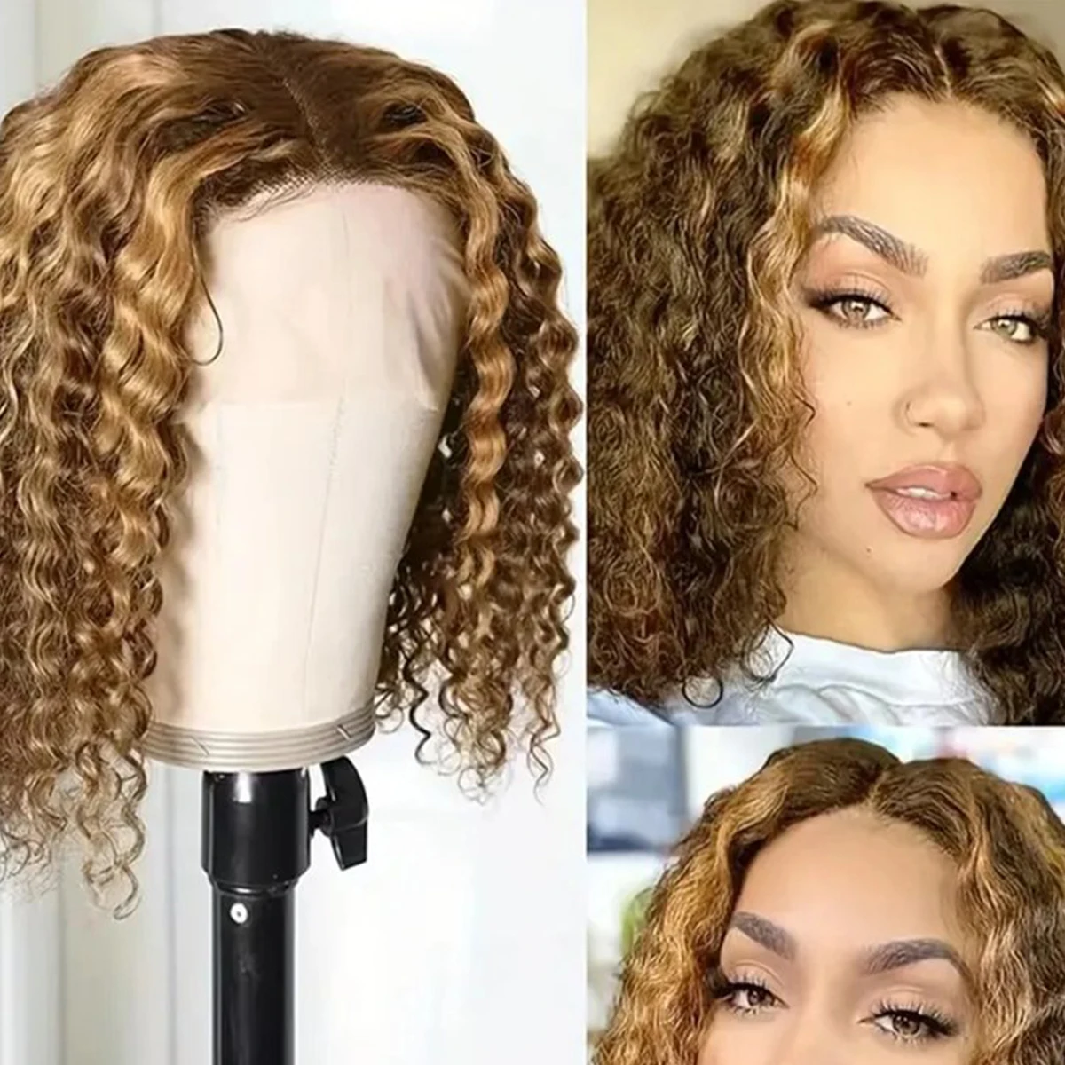 4/27 Deep Wave Bob Wig Transparent Lace Front  Human Hair T part  Frontal Wig for Women Highlight Bob Wig Human Hair 150 Density