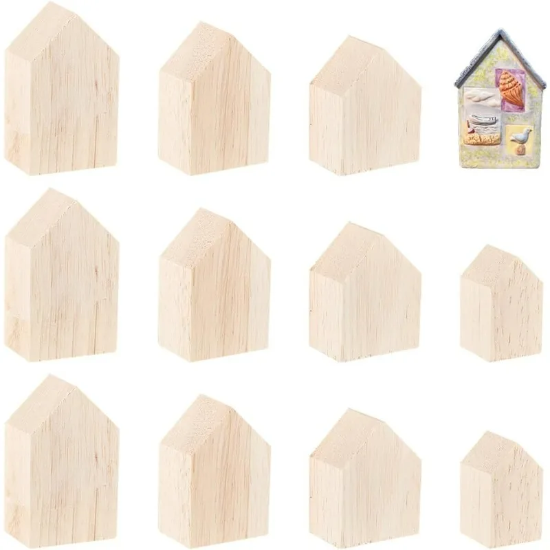 

12Pcs 4Sizes Unfinished Wooden House Shaped Blocks Arrow Shape Tray Plates Blank Wooden Cutouts Farmhouse