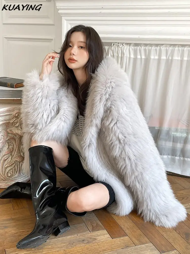 Women's Hooded Faux Fur Coat Fashion New Loose Office Lady Runway Winter Jacket Outerwears Warm Overcoat Casual Female Clothing