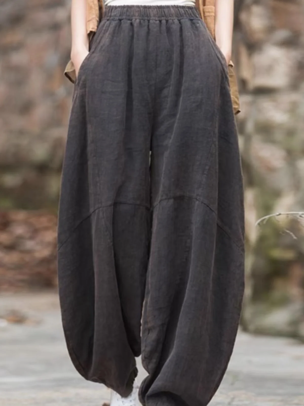 Retro Thiened Fce Women's Lantern Pants High Waist Elastic Loose Leg Linen Carrot Pants Winter Casual Wide Leg Trousers