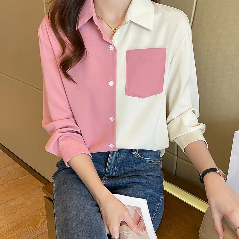 Women Spring Simplicity Loose Fashion Color Blocking Turn-down Collar Long Sleeve Shirts Women Clothes Casual All-match Tops