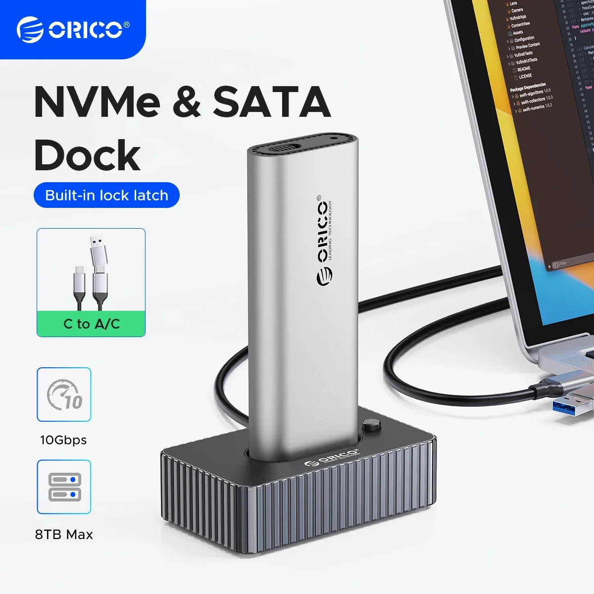 

ORICO M.2 SSD Enclosure Dock NVMe SATA USB3.2 GEN2 10Gbps Aluminum Alloy 8TB Max 2 in 1 Cable Tool Free For Personal User