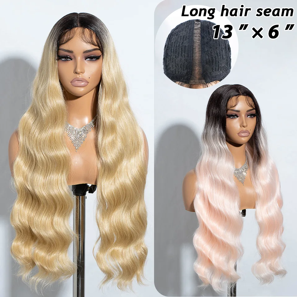 

28 Inch Deep Wave Hair Wigs For Women Synthetic Lace Front Wigs Natural Hairline Ombre Blonde Green Long Wavy Cosplay Party Wigs