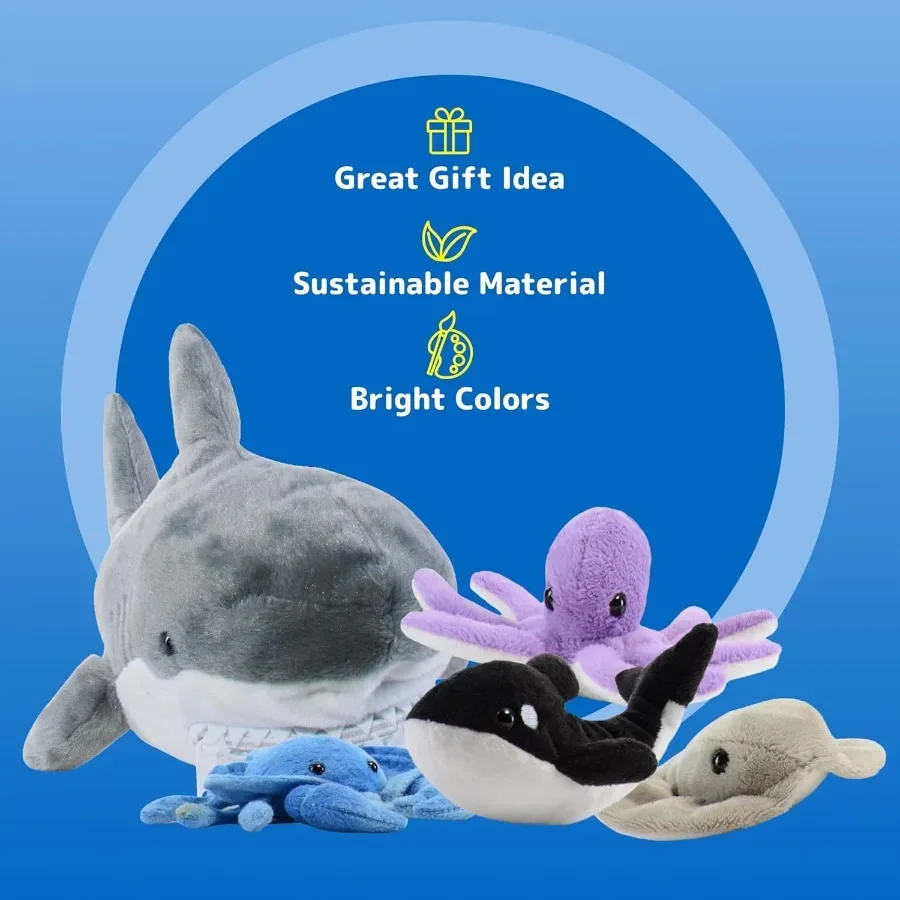 Giant Plush Shark Toy with 5 Sea Animals Turtle Whale Octopus Stingray Crab - Soft Stuffed Animal for Aged 3 Up - Fun Gift for