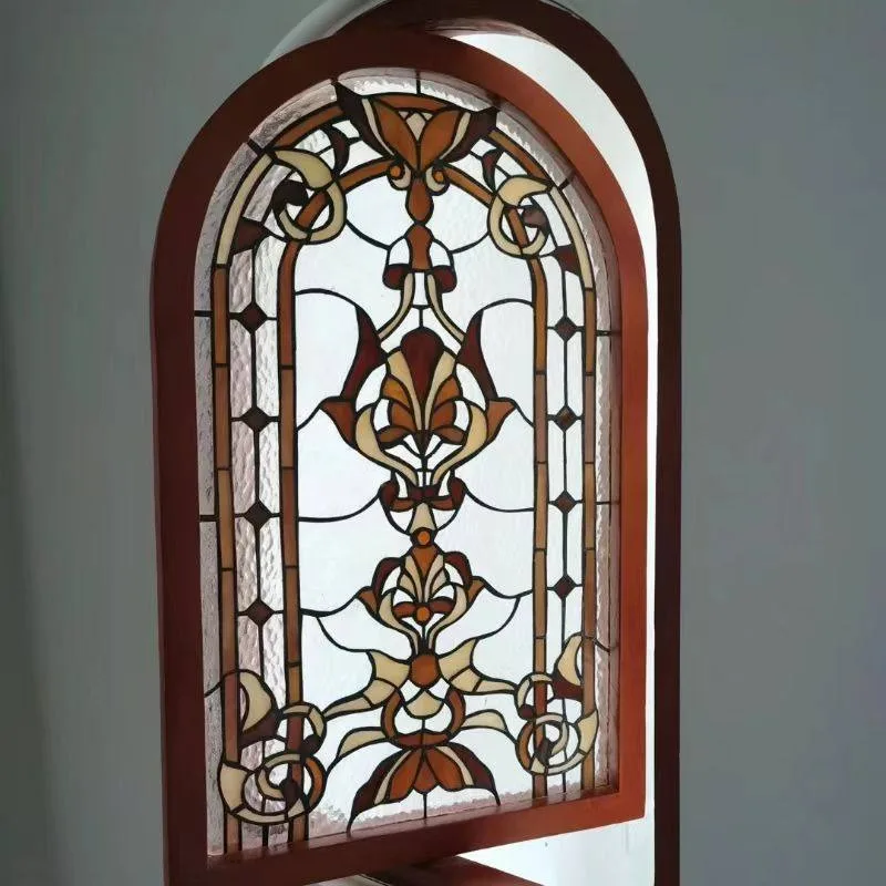 French central axis rotating window stained glass tempered arched glass door entrance screen