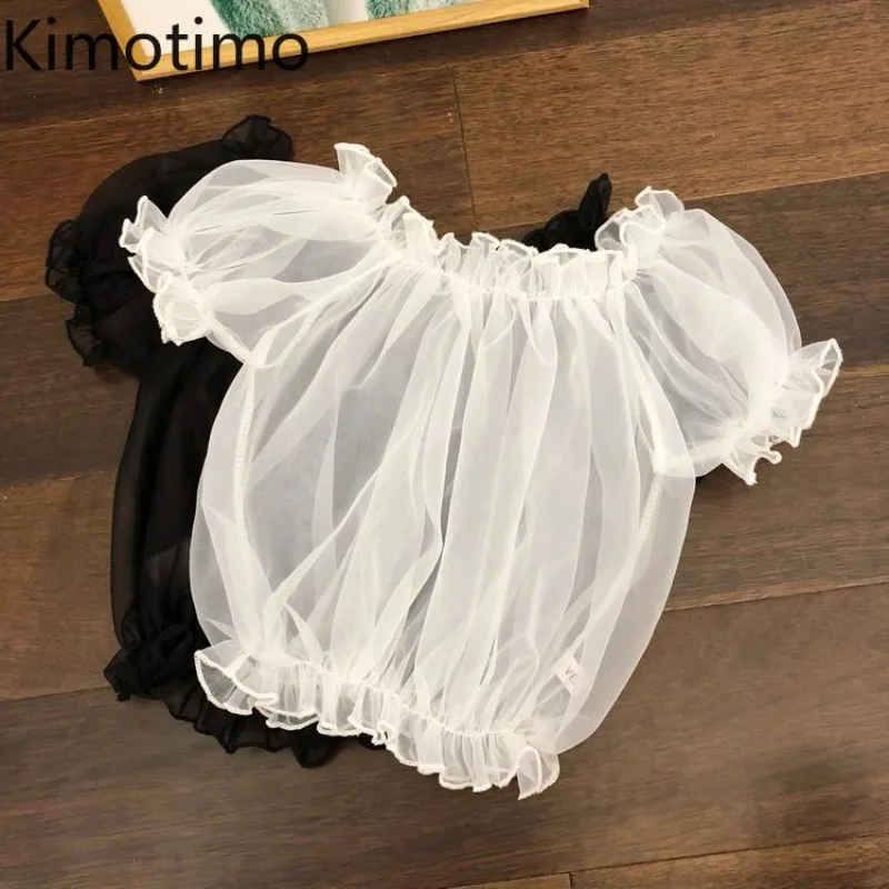 Kimotimo Fairy Solid Mesh Ruffle Blouse Women Short Sleeve Sheer Slim Fit Folds Short Tops Korean Sexy Sweet Versatile Y2k Shirt