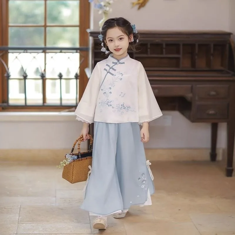 2026 summer girls Clothes Child set thin ancient costume Teen mesh Chinese floral shirt top +wide leg pants 4 8 10 12 14 years