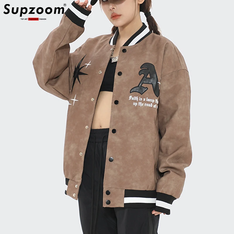 

Supzoom New Arrival Fashion Letter Rib Sleeve Embroidery Logo Single Breasted Casual Bomber Loose Cardigan Coat Baseball Jacket