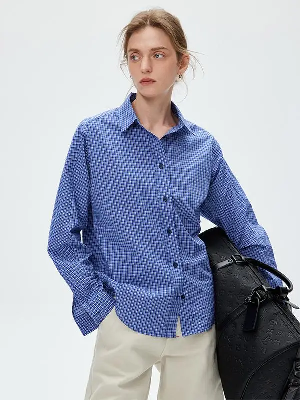 

Женская рубашка NUTPLAM Basic Sea Blue в клетку, повседневная, свободного кроя, из дышащего хлопка, с длинным рукавом, на пуговицах