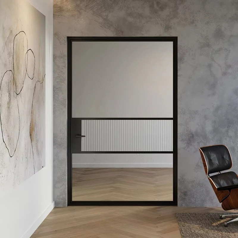 Contemporary Sliding Interior Glass Door With Black Metal Frame Minimalist Partition Door For Office Kitchen Or Living Room